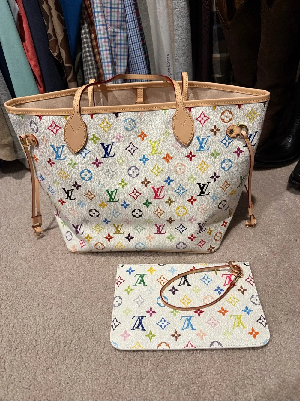 Designer inspired White Multicolor Monogram Canvas Tote with Pouch - Picture 1 of 5